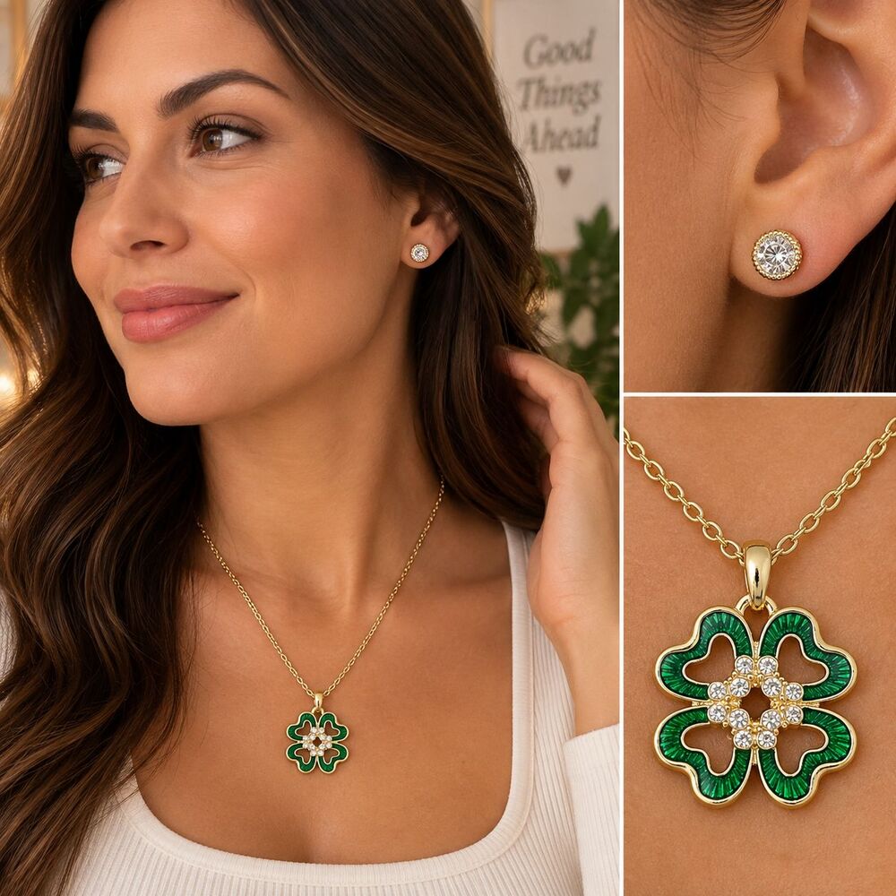 Avon Enamel Clover Necklace Earring Gift Set Green Gold Tone Womens Jewelry